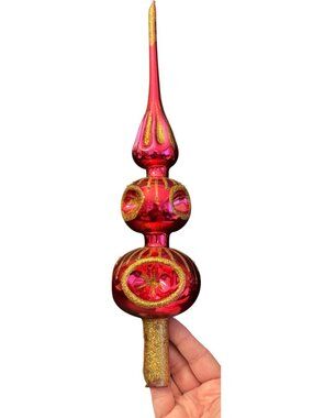 VTG Pink & Gold Glass Christmas Tree Topper Glitter Accents Double Indent Ball